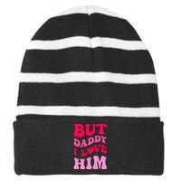 But Daddy I Love Him Groovy Heart White Striped Beanie with Solid Band