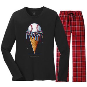 Baseball Drip Ice Cream Cone With Sprinkles Women's Long Sleeve Flannel Pajama Set 