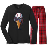 Baseball Drip Ice Cream Cone With Sprinkles Women's Long Sleeve Flannel Pajama Set 