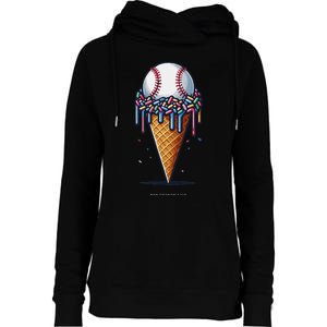 Baseball Drip Ice Cream Cone With Sprinkles Womens Funnel Neck Pullover Hood