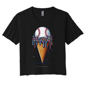 Baseball Drip Ice Cream Cone With Sprinkles Women's Crop Top Tee