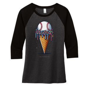 Baseball Drip Ice Cream Cone With Sprinkles Women's Tri-Blend 3/4-Sleeve Raglan Shirt