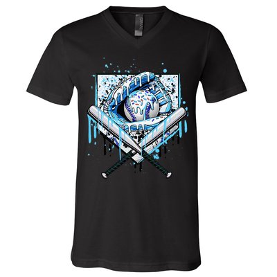 Baseball Drip Ice Cream Drip Baseball  V-Neck T-Shirt