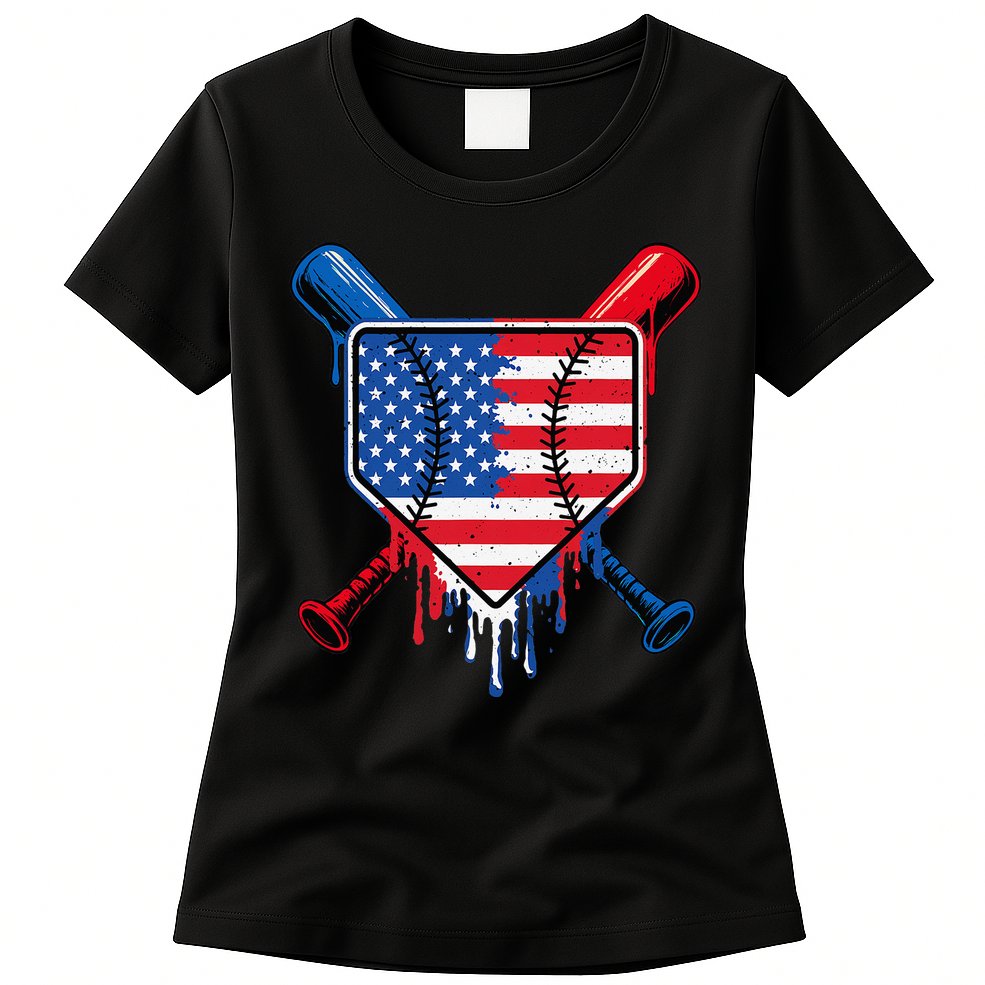 Baseball Drip Ice Cream Patriotic American Flag Womens T-Shirt