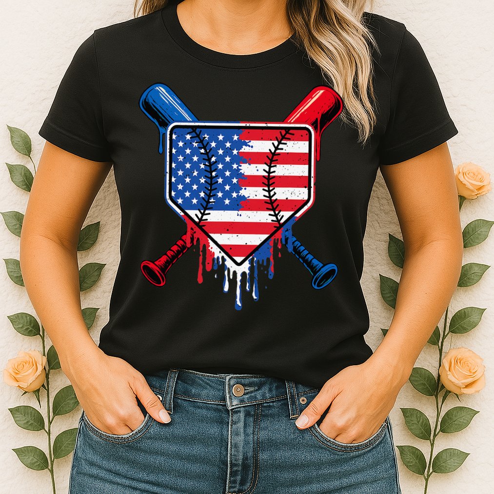 Baseball Drip Ice Cream Patriotic American Flag Womens T-Shirt