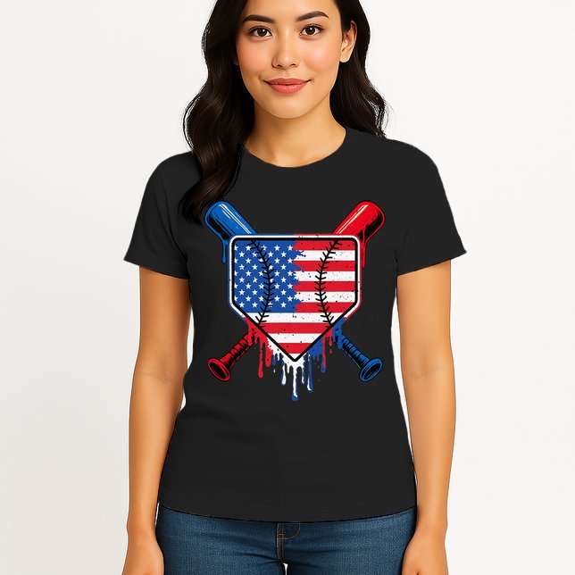Baseball Drip Ice Cream Patriotic American Flag Womens T-Shirt