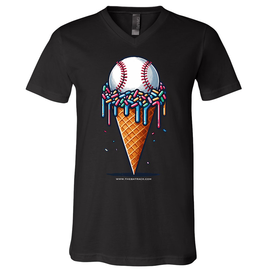 Baseball Drip Ice Cream Cone With Sprinkles V-Neck T-Shirt