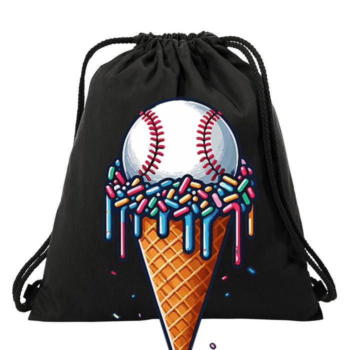 Baseball Drip Ice Cream Cone With Sprinkles Drawstring Bag