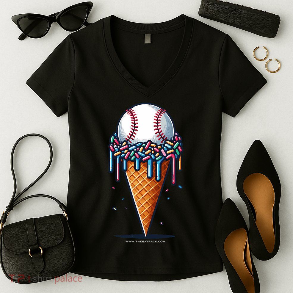 Baseball Drip Ice Cream Cone With Sprinkles Women's V-Neck T-Shirt