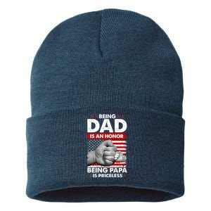 Being Dad Is An Honor Being Papa Is Priceless USA American Flag Sustainable Knit Beanie