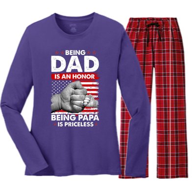 Being Dad Is An Honor Being Papa Is Priceless USA American Flag Women's Long Sleeve Flannel Pajama Set 