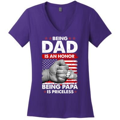 Being Dad Is An Honor Being Papa Is Priceless USA American Flag Women's V-Neck T-Shirt