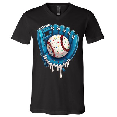 Baseball Drip Ice Cream Sprinkles Baseball Glove V-Neck T-Shirt