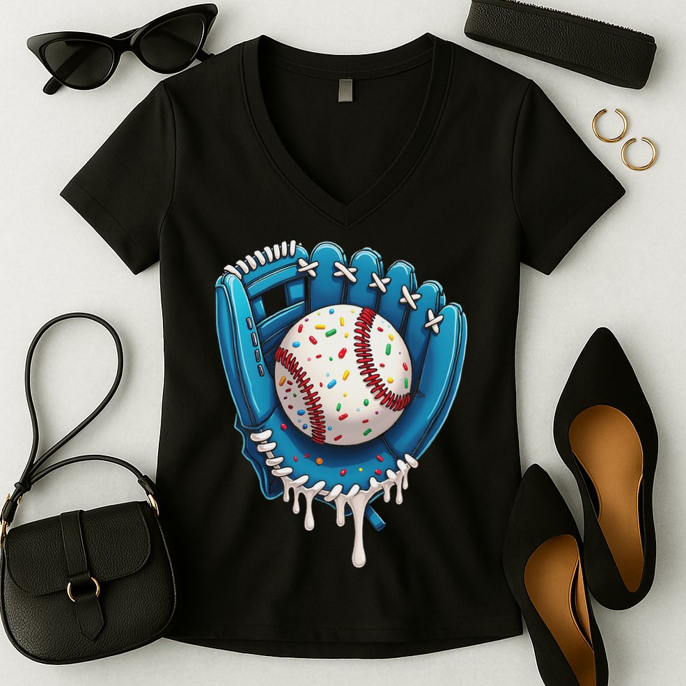 Baseball Drip Ice Cream Sprinkles Baseball Glove Women's V-Neck T-Shirt