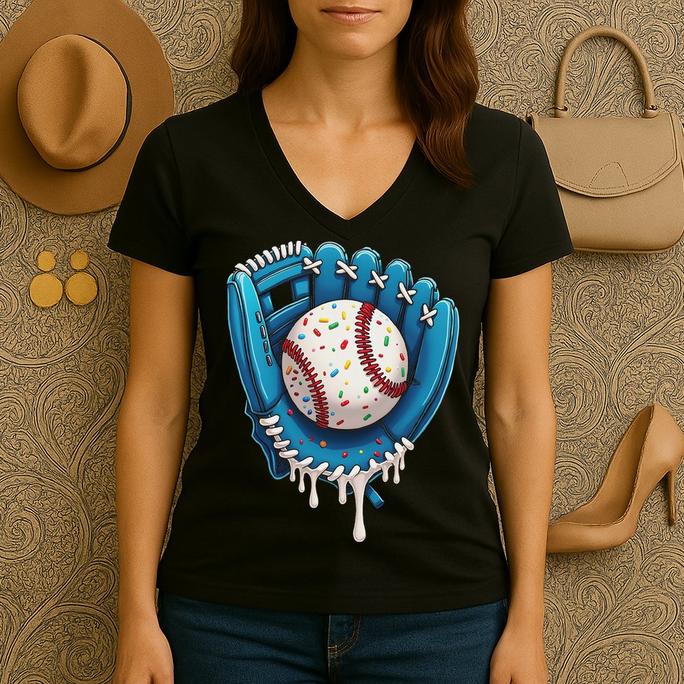 Baseball Drip Ice Cream Sprinkles Baseball Glove Women's V-Neck T-Shirt