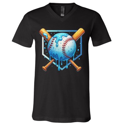 Baseball Dripping Ice Cream Drip Baseball V-Neck T-Shirt