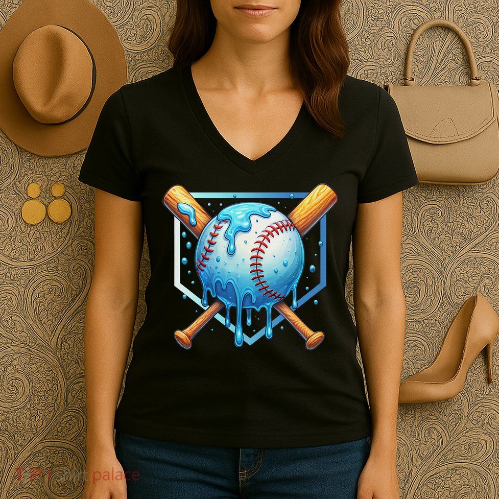 Baseball Dripping Ice Cream Drip Baseball Women's V-Neck T-Shirt
