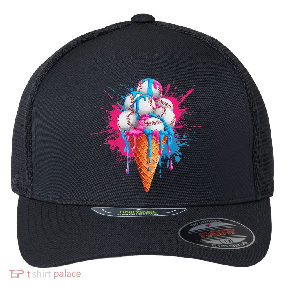 Baseball Drip Ice Cream Sports Lover Ice Cream Cone Flexfit Unipanel Trucker Cap