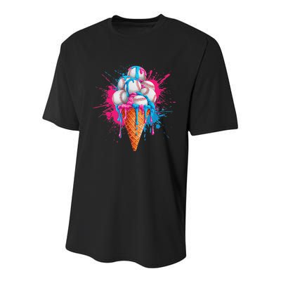 Baseball Drip Ice Cream Sports Lover Ice Cream Cone Youth Performance Sprint T-Shirt