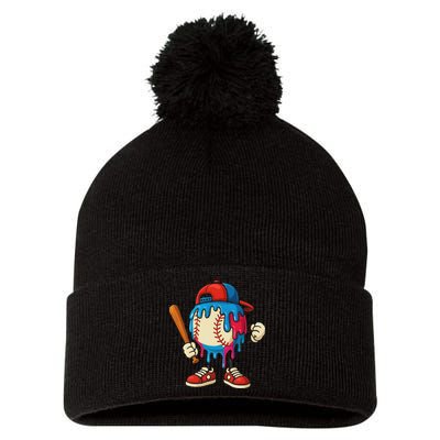 Baseball Drip Ice Cream Drip Sport Game Day Pom Pom 12in Knit Beanie
