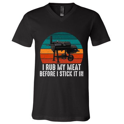 Bbq Dad I Rub My Meat Before I Stick It In Offset Smoker Pit V-Neck T-Shirt