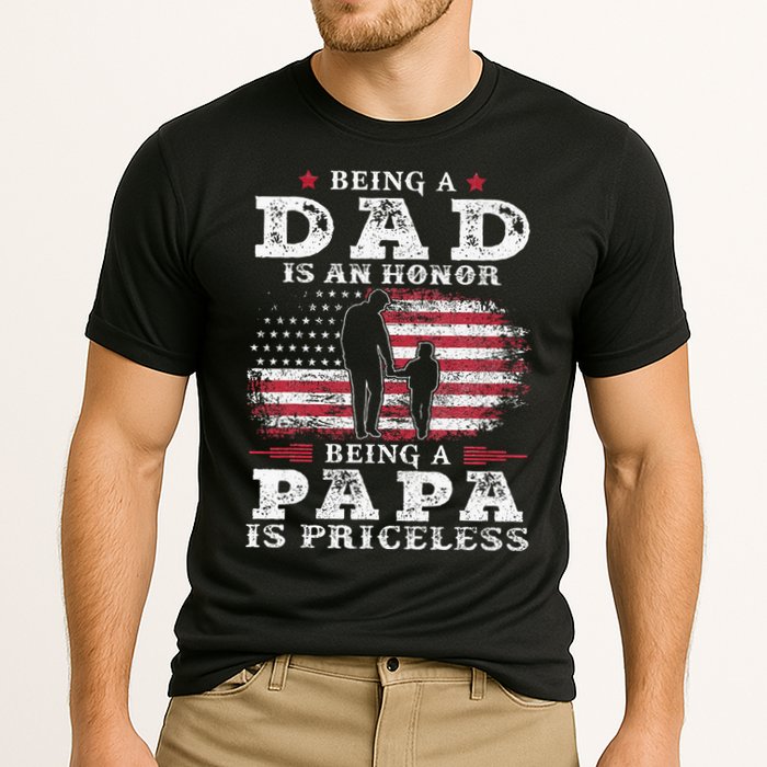 Being Dad Is An Honor Being Papa Is Priceless USA Flag Cooling Performance Crew T-Shirt