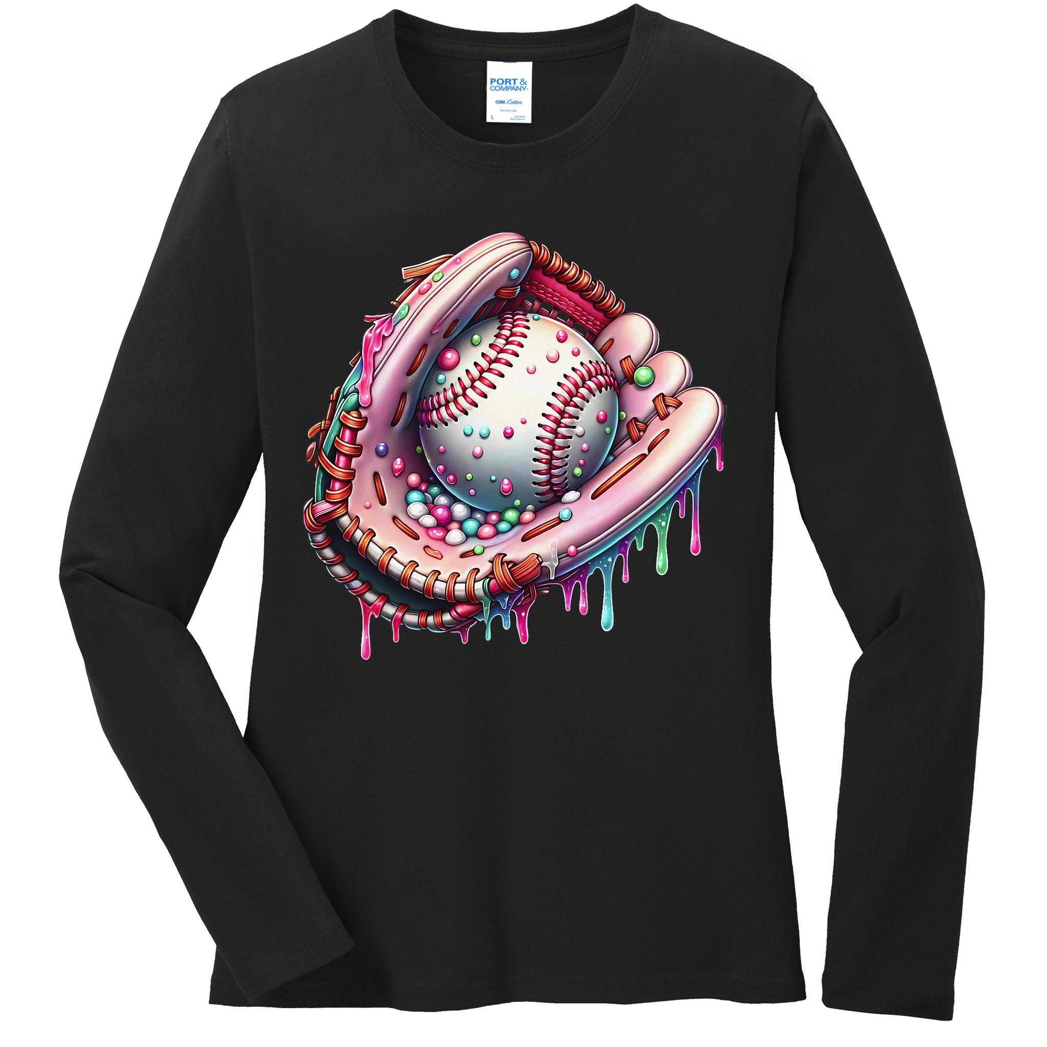 Baseball Drip Ice Cream Sprinkles Baseball Glove Ladies Long Sleeve Shirt