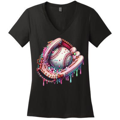 Baseball Drip Ice Cream Sprinkles Baseball Glove Women's V-Neck T-Shirt