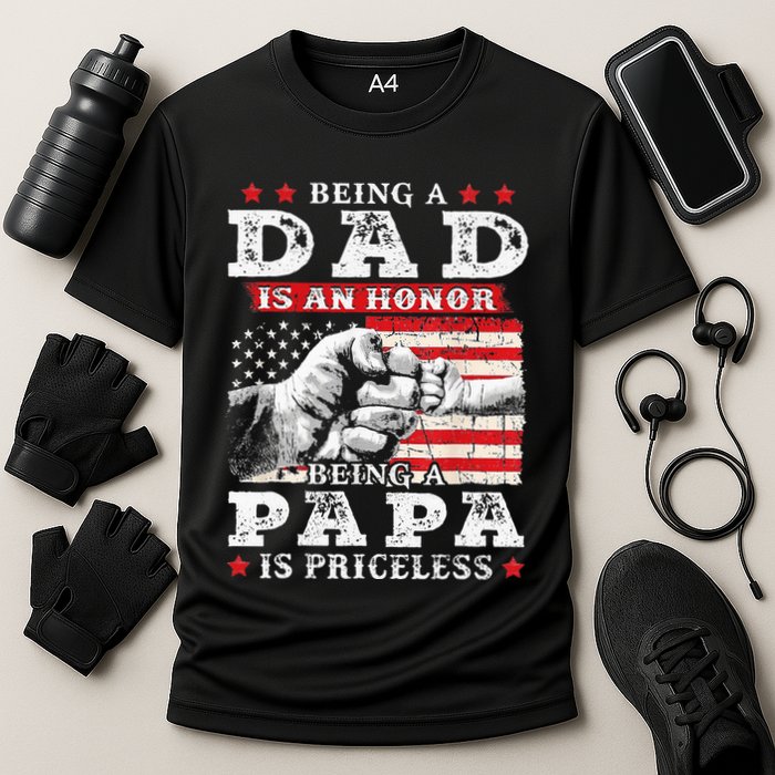 Being Dad Is An Honor Being Papa Is Priceless USA Flag Cooling Performance Crew T-Shirt