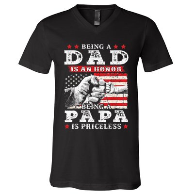 Being Dad Is An Honor Being Papa Is Priceless USA Flag V-Neck T-Shirt