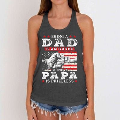 Being Dad Is An Honor Being Papa Is Priceless USA Flag Women's Knotted Racerback Tank