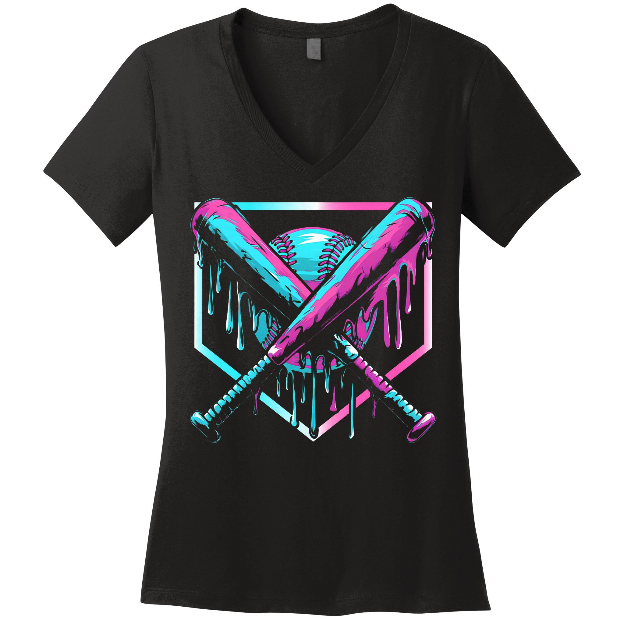 Baseball Drip Ice Cream Illustration Sports Fan Women's V-Neck T-Shirt