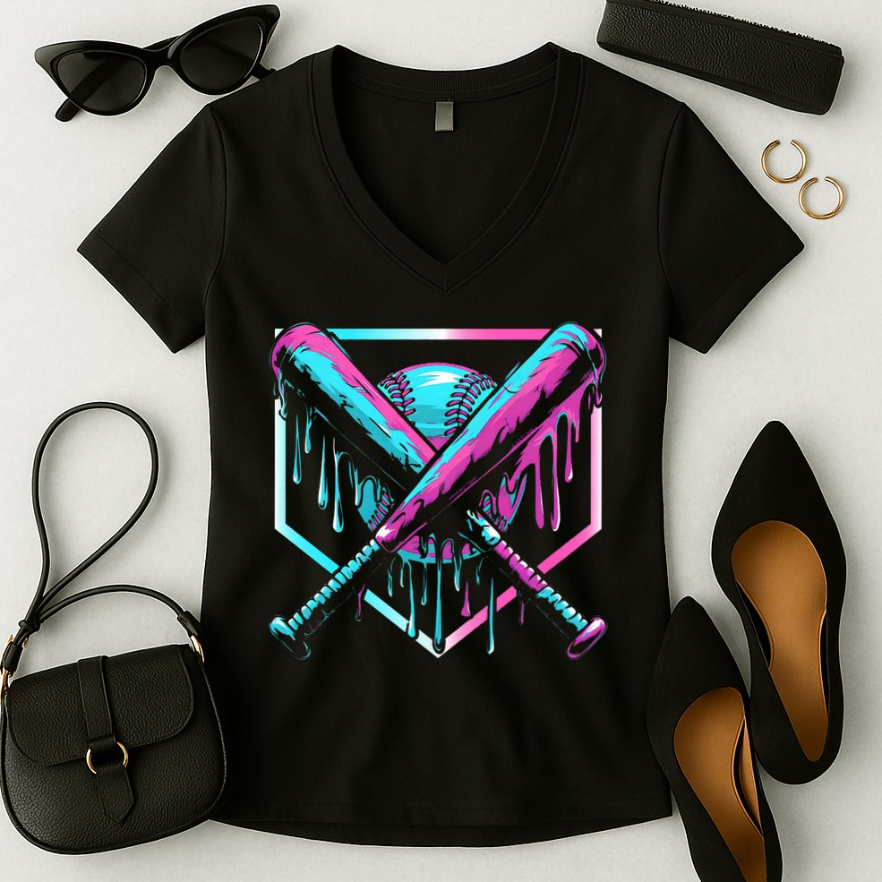 Baseball Drip Ice Cream Illustration Sports Fan Women's V-Neck T-Shirt