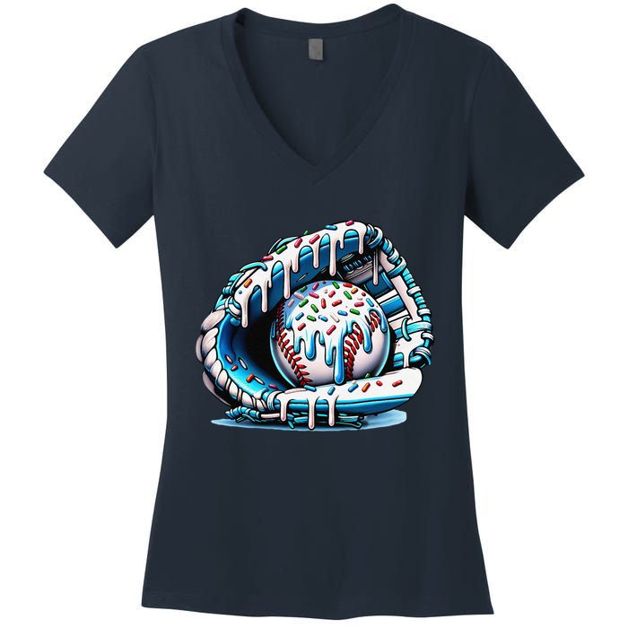 Baseball Drip Ice Cream Sprinkles Glove Women's V-Neck T-Shirt