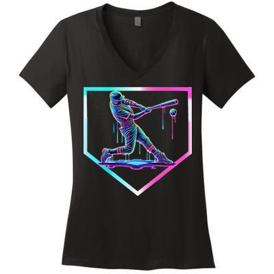 Baseball Drip Ice Cream Baseball Home Plate Baseball Women's V-Neck T-Shirt