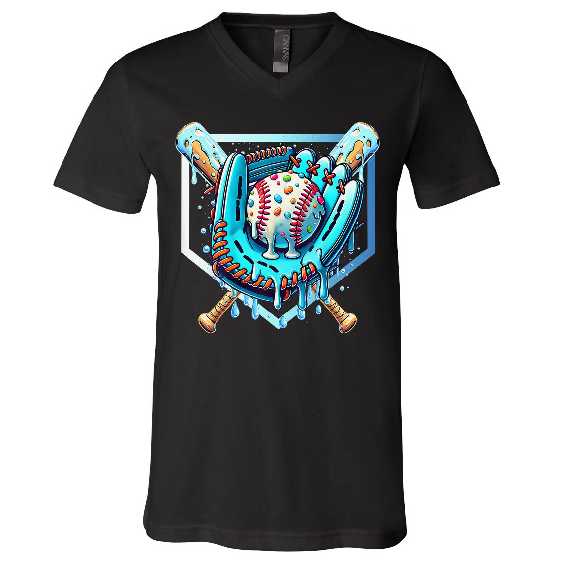 Baseball Drip Ice Cream Sprinkles Baseball Glove V-Neck T-Shirt