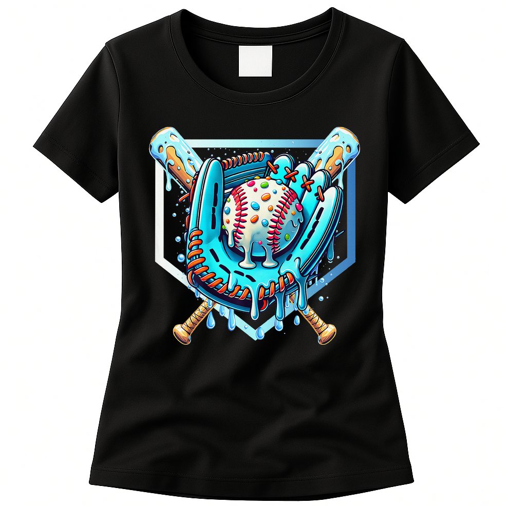 Baseball Drip Ice Cream Sprinkles Baseball Glove Womens T-Shirt