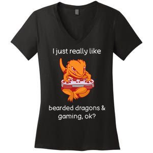 Bearded Dragon Lover Gaming Love Video Gaming Bearded Dragon Women's V-Neck T-Shirt