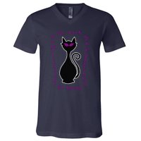 Be Dark Mysterious Spooky Fabulous! Halloween Black Cat V-Neck T-Shirt