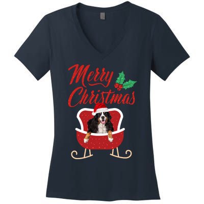 Bernese Dog Merry Christmas Design For The Holiday Season! Women's V-Neck T-Shirt