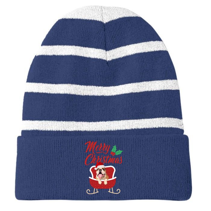 Bulldog Dog Merry Christmas Design For The Holiday Season! Striped Beanie with Solid Band