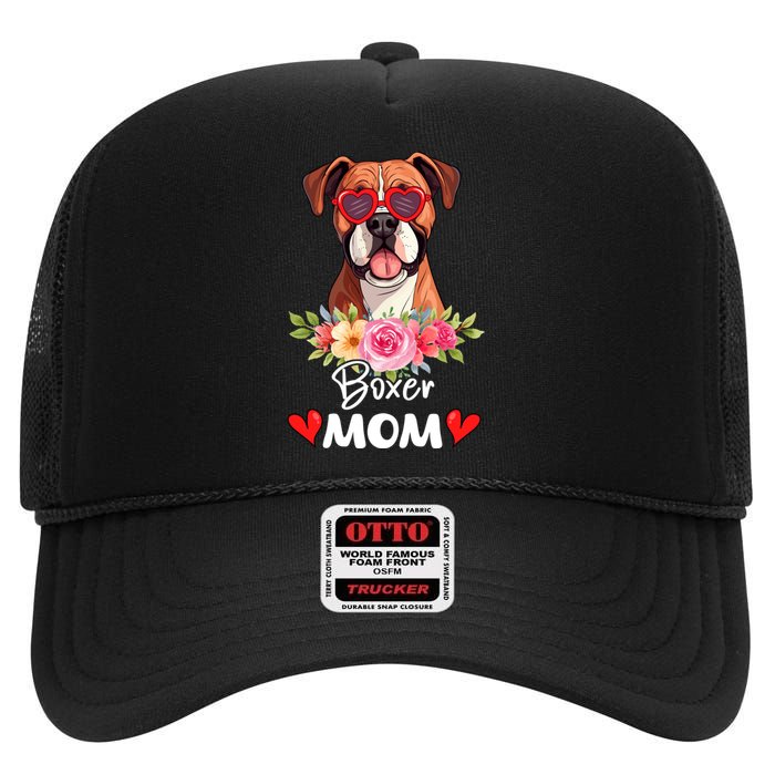 Boxer Dog Mama Mom Sunglasses Flower Dog Lover Owner High Crown Mesh Back Trucker Hat