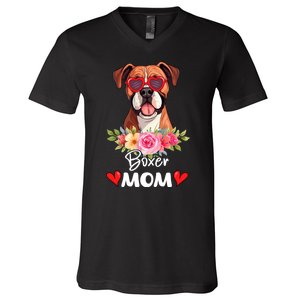 Boxer Dog Mama Mom Sunglasses Flower Dog Lover Owner V-Neck T-Shirt