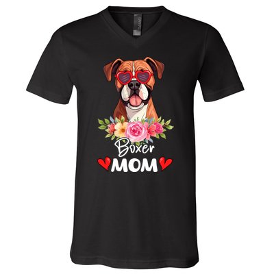 Boxer Dog Mama Mom Sunglasses Flower Dog Lover Owner V-Neck T-Shirt