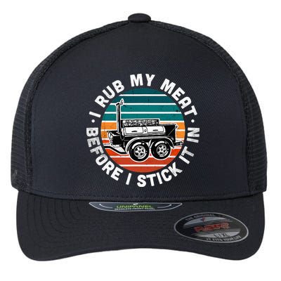 BBQ Dad Offset Smoker Pit Accessory I Rub My Meat Funny Text Flexfit Unipanel Trucker Cap