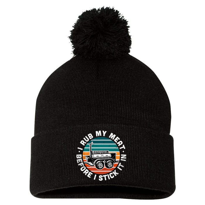 BBQ Dad Offset Smoker Pit Accessory I Rub My Meat Funny Text Pom Pom 12in Knit Beanie