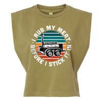 BBQ Dad Offset Smoker Pit Accessory I Rub My Meat Funny Text Garment-Dyed Women's Muscle Tee