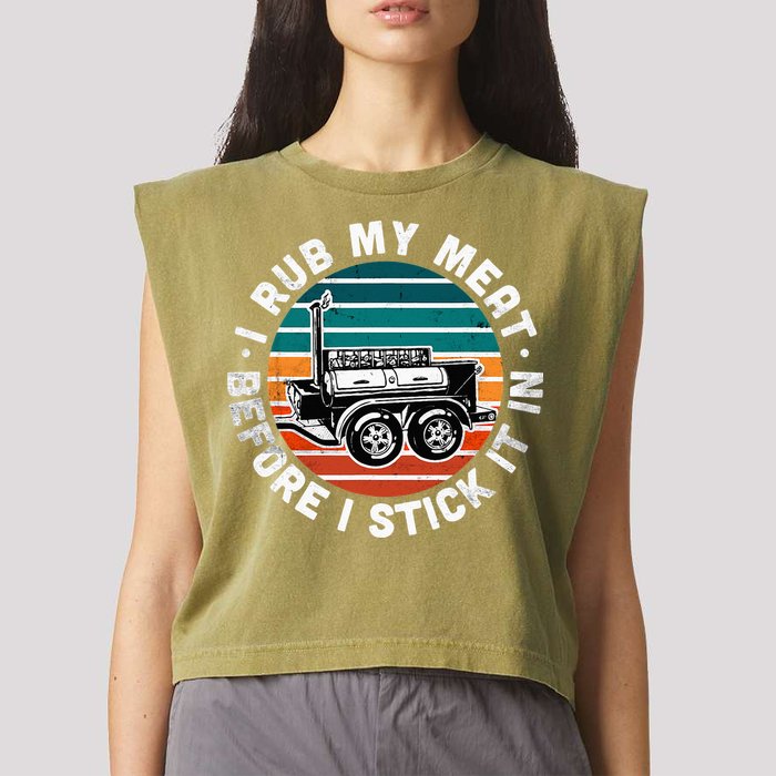 BBQ Dad Offset Smoker Pit Accessory I Rub My Meat Funny Text Garment-Dyed Women's Muscle Tee