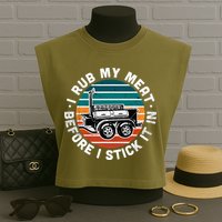 BBQ Dad Offset Smoker Pit Accessory I Rub My Meat Funny Text Garment-Dyed Women's Muscle Tee