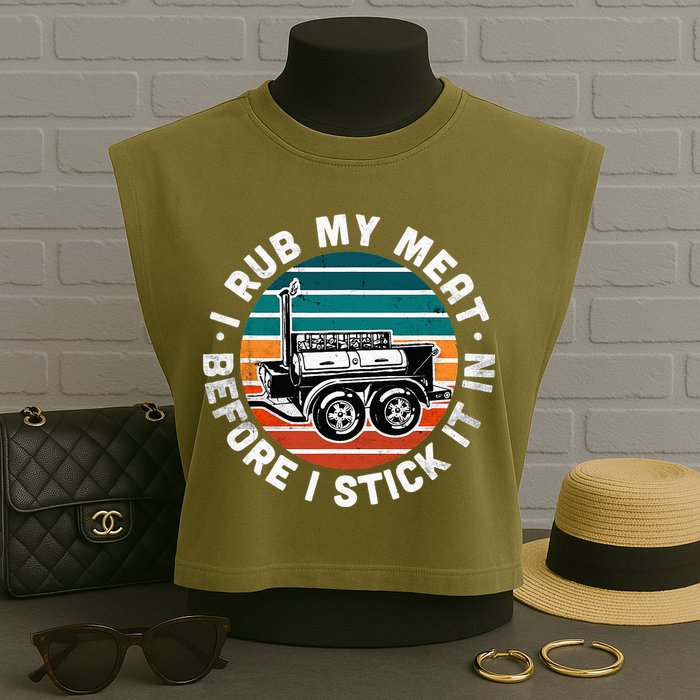 BBQ Dad Offset Smoker Pit Accessory I Rub My Meat Funny Text Garment-Dyed Women's Muscle Tee